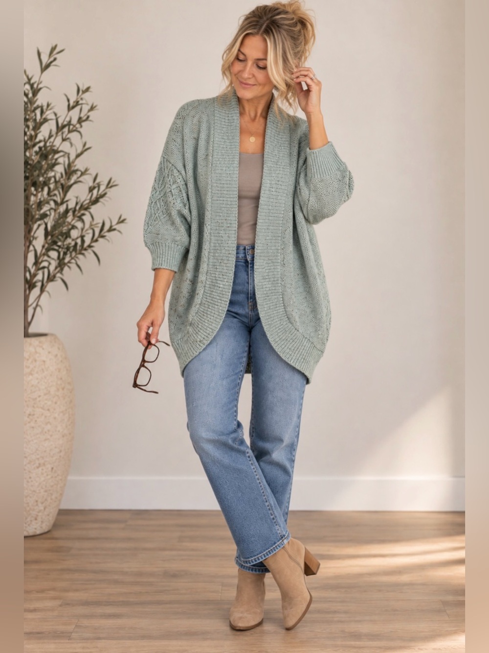 Sonoma Sage Green Cocoon Cardigan, Size L, Open Front Dolman Sleeve Sweater